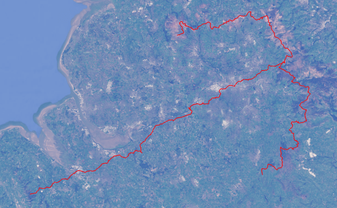 A map with two red lines on it. One represents a walk around the high ground surrounding Greater Manchester, the other a route to Moel Famau from Alderman's Hill